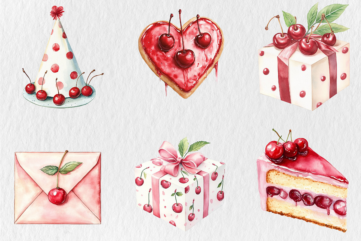 Watercolor Cherry Birthday Clipart, a Seasonal Illustration by Rose Art (Photo 3 of 5)