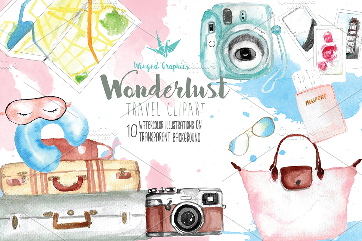 Wanderlust watercolor illustrations, an Illustration by Winged Graphics