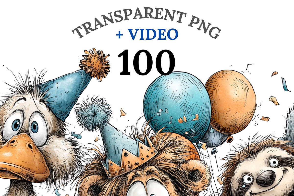 100 Birthday Animal Clipart PNGs, an Animal Illustration by Pati Charm Studio (Photo 1 of 9)