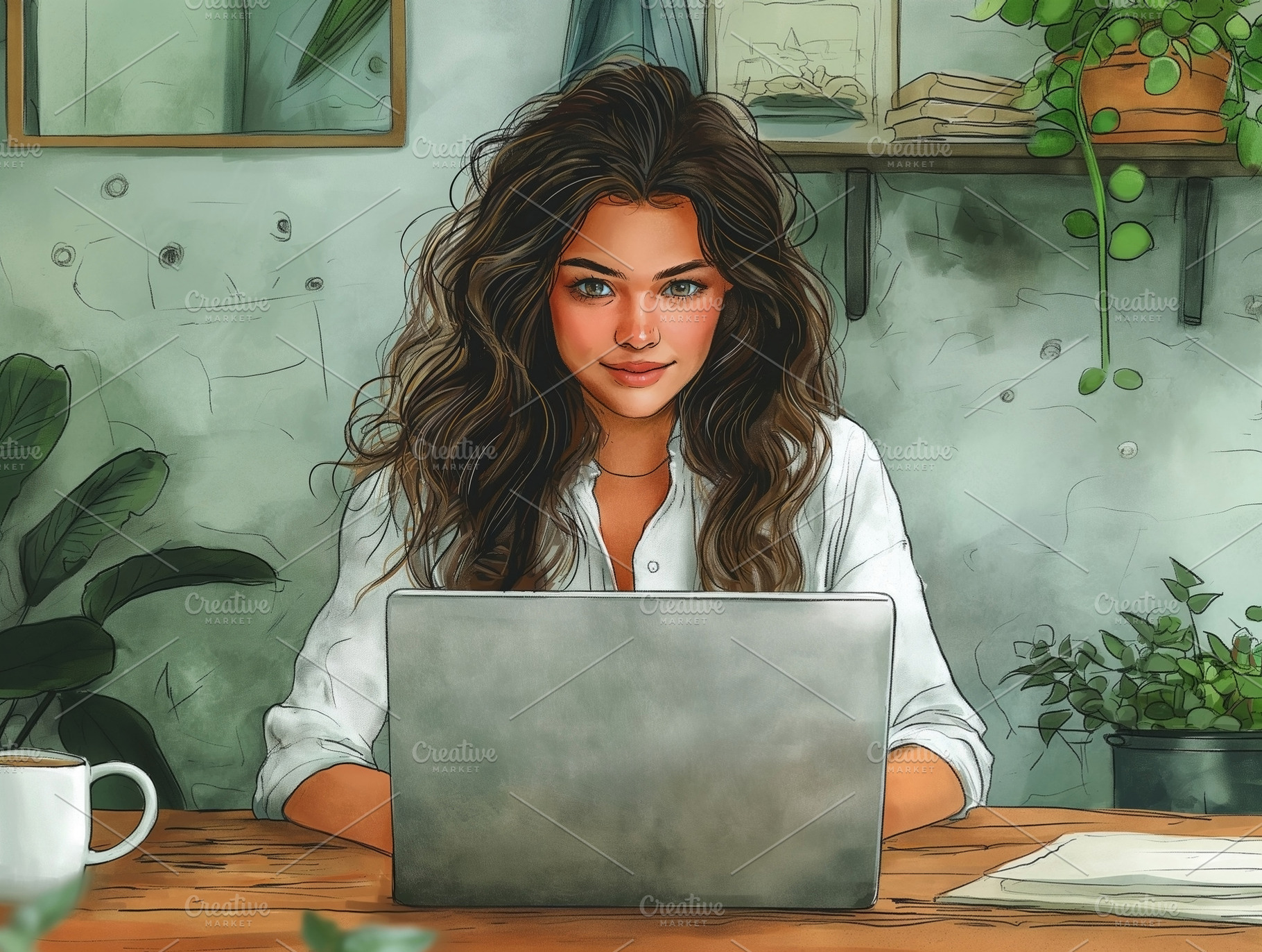 A young woman of Middle-Eastern descent works on a laptop in a cozy, plant-fill, a Person Photo by ImageMir