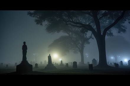 An eerie shot taken at the stroke of midnight, capturing the fog, a Holiday Photo by designvectx