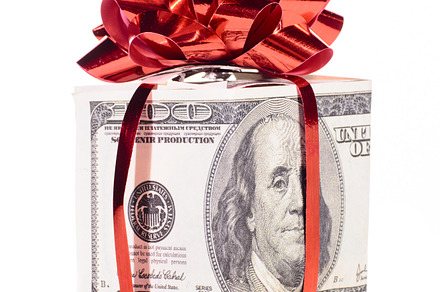 Gift box made of dollars containing 100, american dollars, and banknote, a Holiday Photo by sergeypeterman