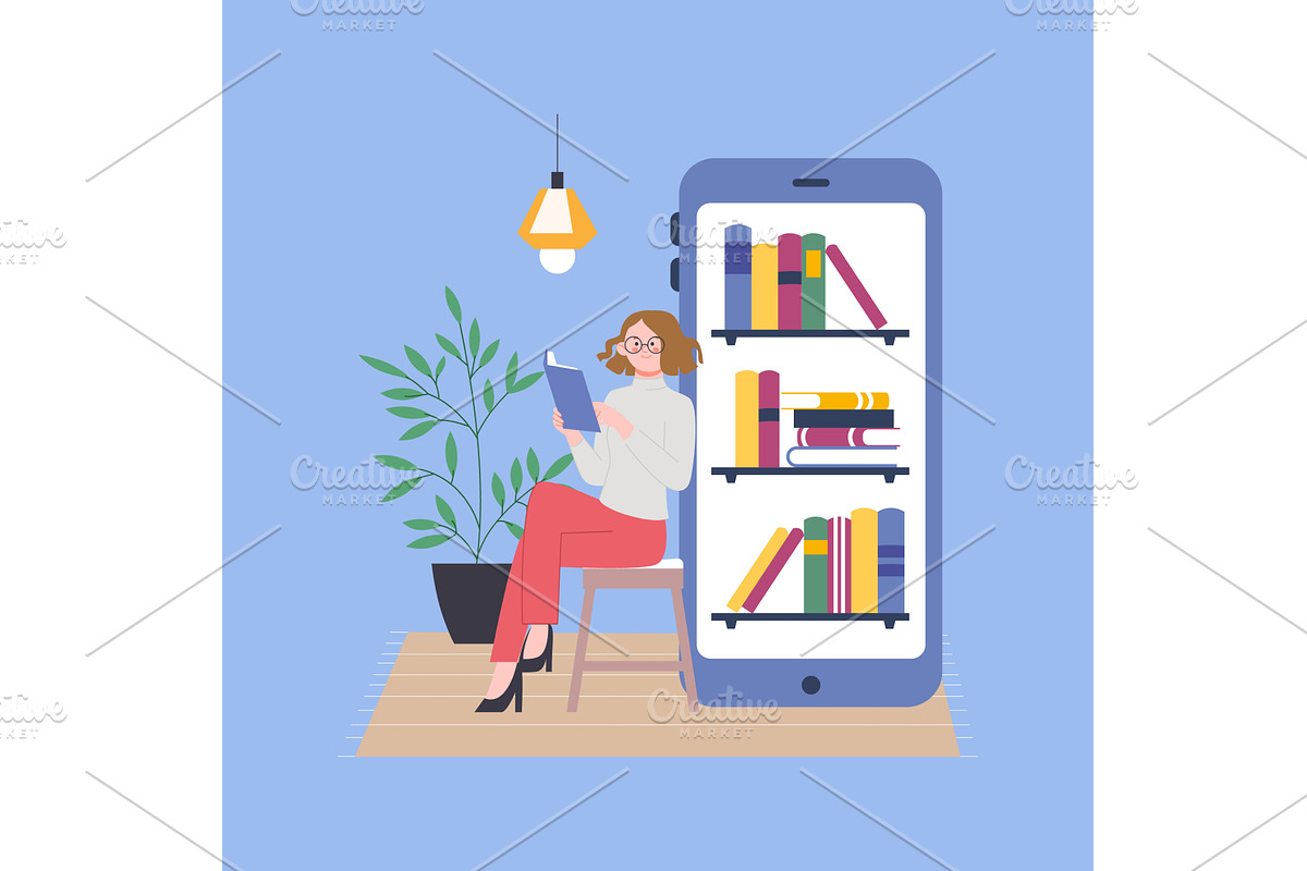 Woman use online library. Young, an Object Illustration by LadadikArt