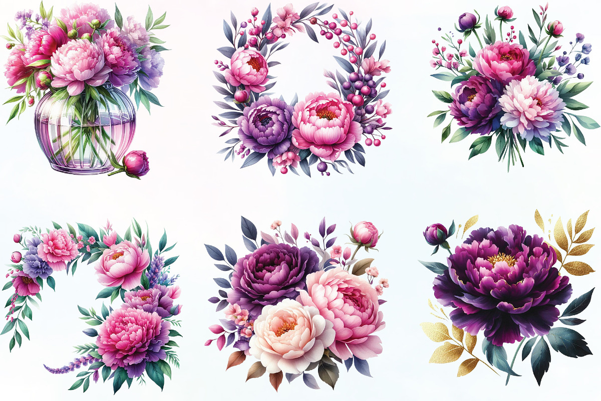 Pink & Purple Peony Flowers Clipart, an Illustration by CraftArtStudio (Photo 2 of 6)