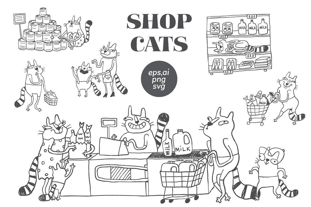 Sarcastic Shopping Cats Clipart, an Illustration by Anastasiya Klempach (Photo 1 of 7)