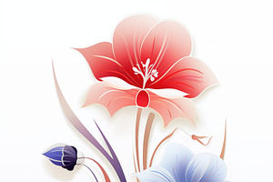 A Stylized Art Deco Illustration Of Colorful Flowers, Featuring Red, Blue, And