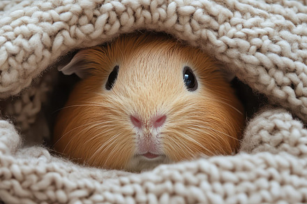 Snug guinea pig peeks from warm, bei, an Animal Photo by Pixeness