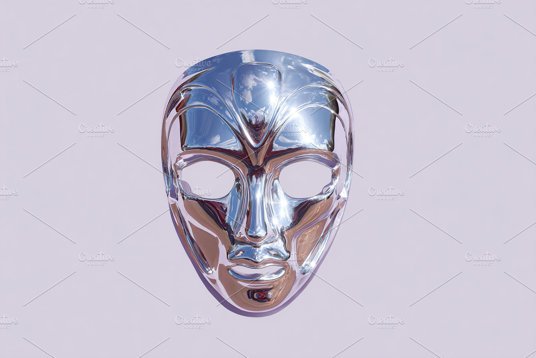 Shiny metallic mask with intricate details displayed on a soft purple backgroun, a Photo by AlyaAnd