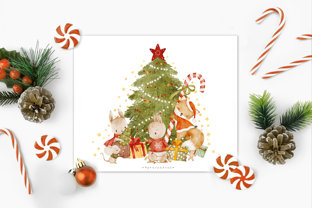 LITTLE CHRISTMAS watercolor animals, an Animal Illustration by erasovas (Photo 2 of 12)