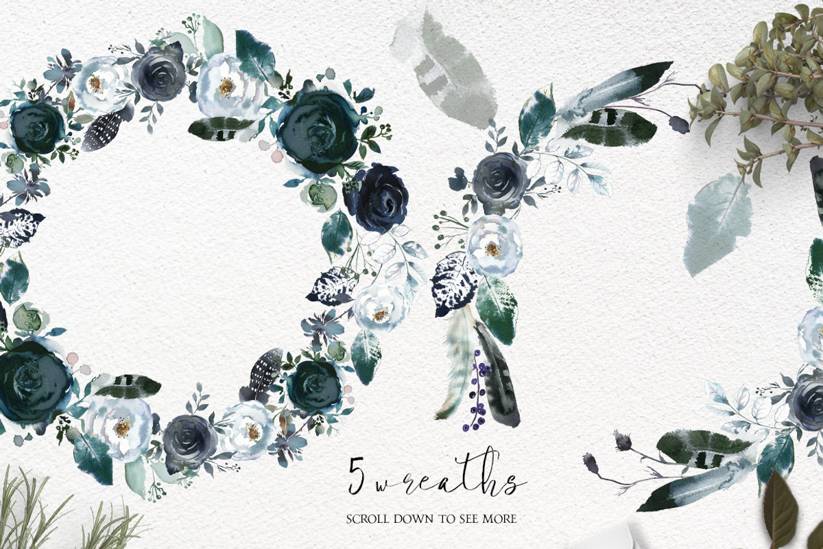 Boho Navy Peony Floral Clipart, a Decorative Illustration by whiteheartdesign (Photo 4 of 9)