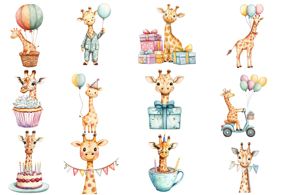 Giraffe Birthday Watercolor Clipart, an Illustration by Designworld (Photo 2 of 5)