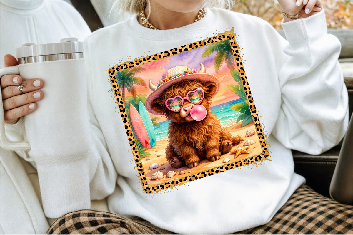 Cute Highland Cow Beach Summer PNG, a Work Illustration by Sublimation Artist (Photo 2 of 9)