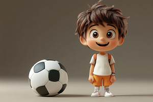 Young boy stands next to a soccer ba, a Photo by Tanuart