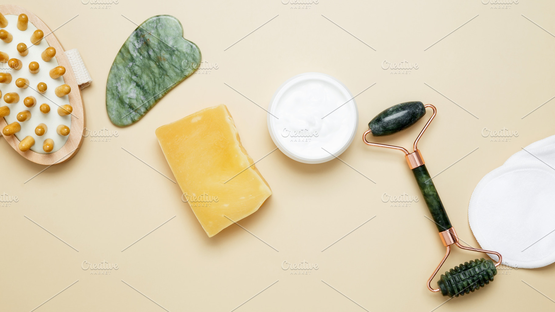 Natural beauty skincare collection featuring marble face roller, gua sha tool,, a Photo by matucha