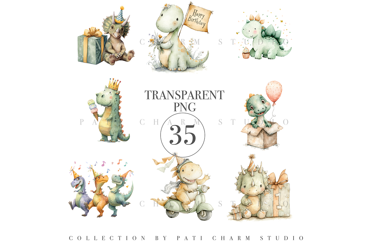 35 Dinosaur Birthday Clipart PNG, an Animal Illustration by Pati Charm Studio (Photo 3 of 8)