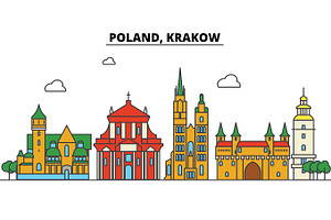 Poland, Krakow. City Skyline: Architecture, Buildings, Streets, Silhouette, Landscape, Panorama, Landmarks. Editable Strokes. Flat Design Line Vector 