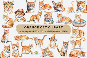 Watercolor Orange Cat Clipart