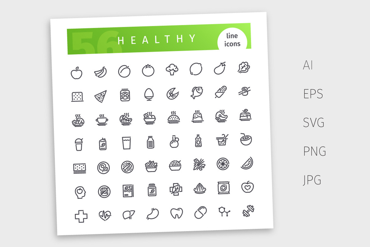 Healthy Food Line Icons Set, an Outline Icon by Voysla's Shop (Photo 4 of 4)