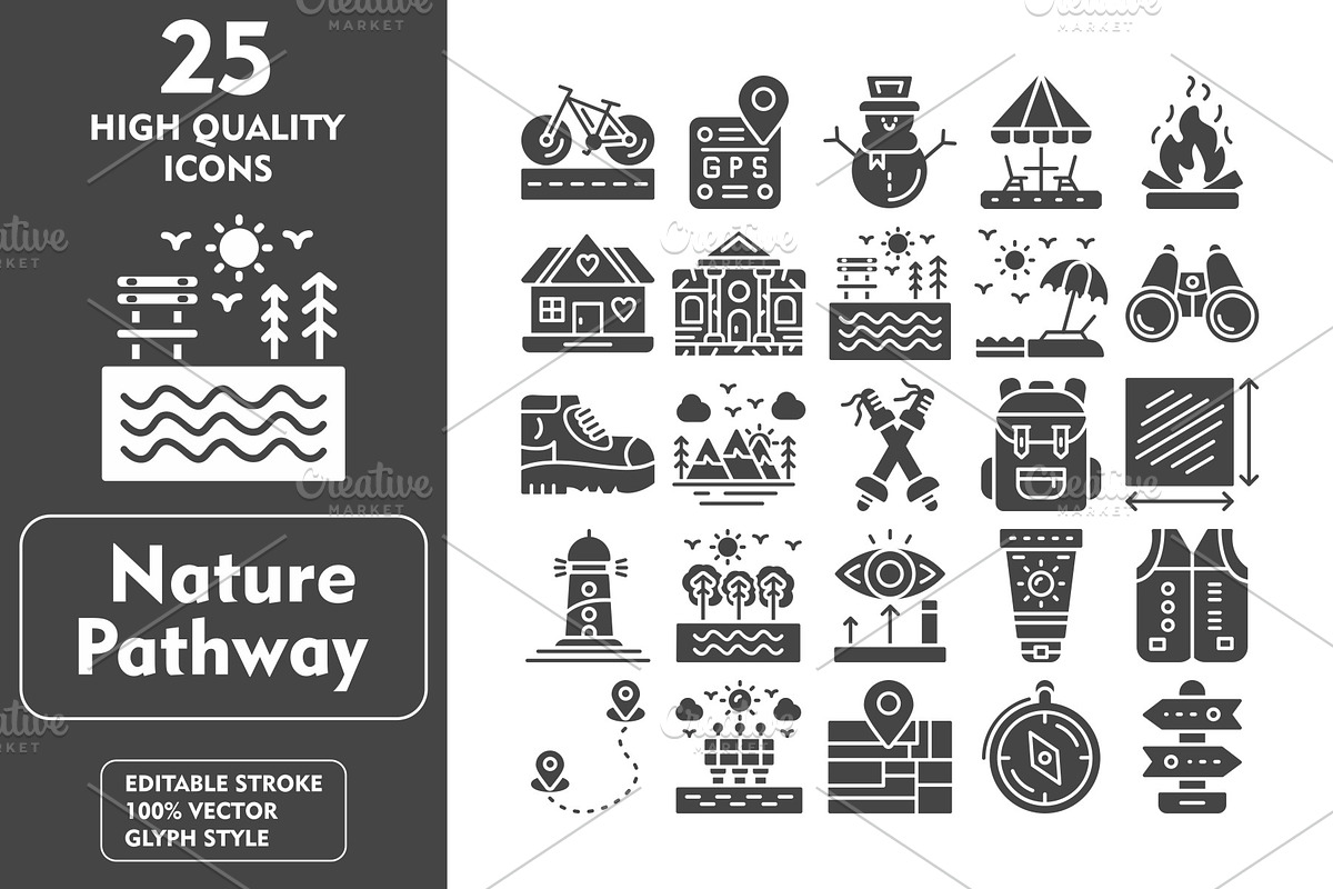 Nature Pathway 25 Glyph Icons, an Icon by Pexelpy