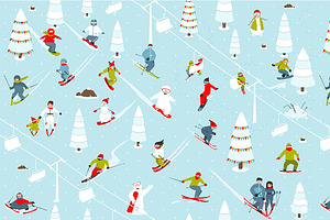 Mountain Ski Resort Seamless Pattern