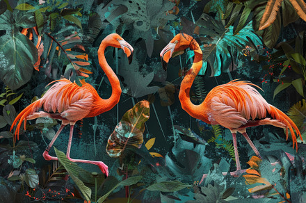 Two pink flamingos stand gracefully, a Photo by Iftikhar Alam