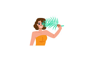 Young woman holding tropical leaf in, an Object Illustration by pikepicture