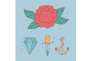 tattoo old school set, an Illustration by studiogstock