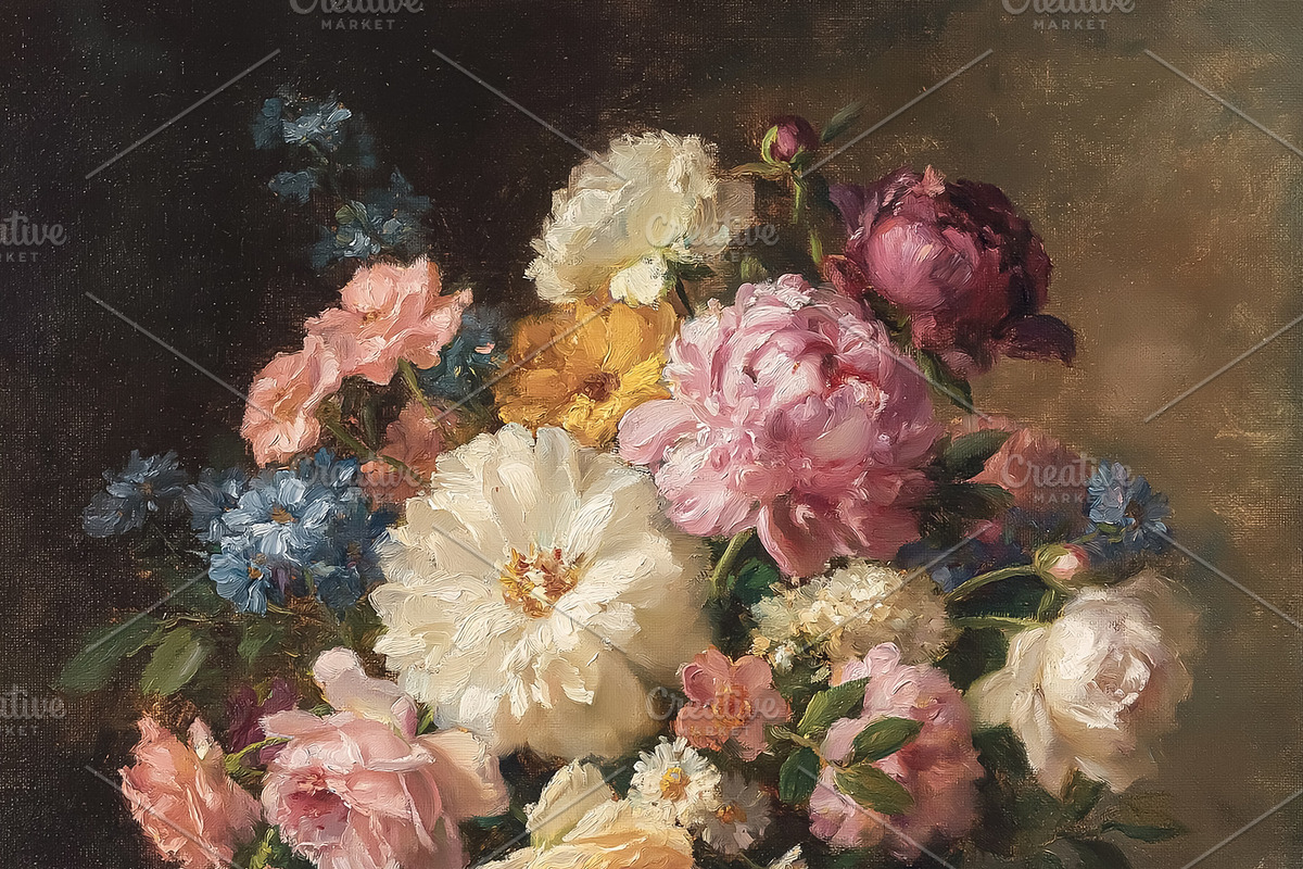 Classic still life painting presenting a vibrant bouquet of bloo, an Illustration by Studio ANNA