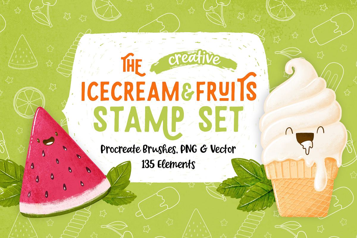 Procreate Icecream & Fruits Stamps, a Brush Add-On by PrettyLittlePigs (Photo 1 of 9)