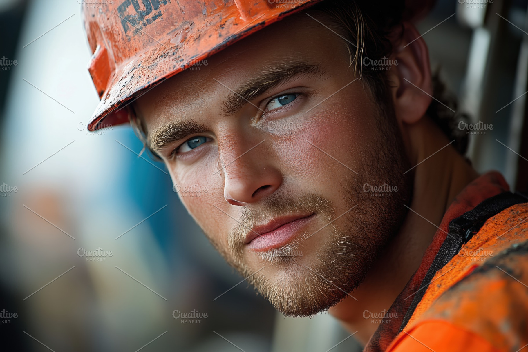 A close-up portrait of a well testing operator young man wearing an orange hard, a Person Photo by Textures & Backgrounds