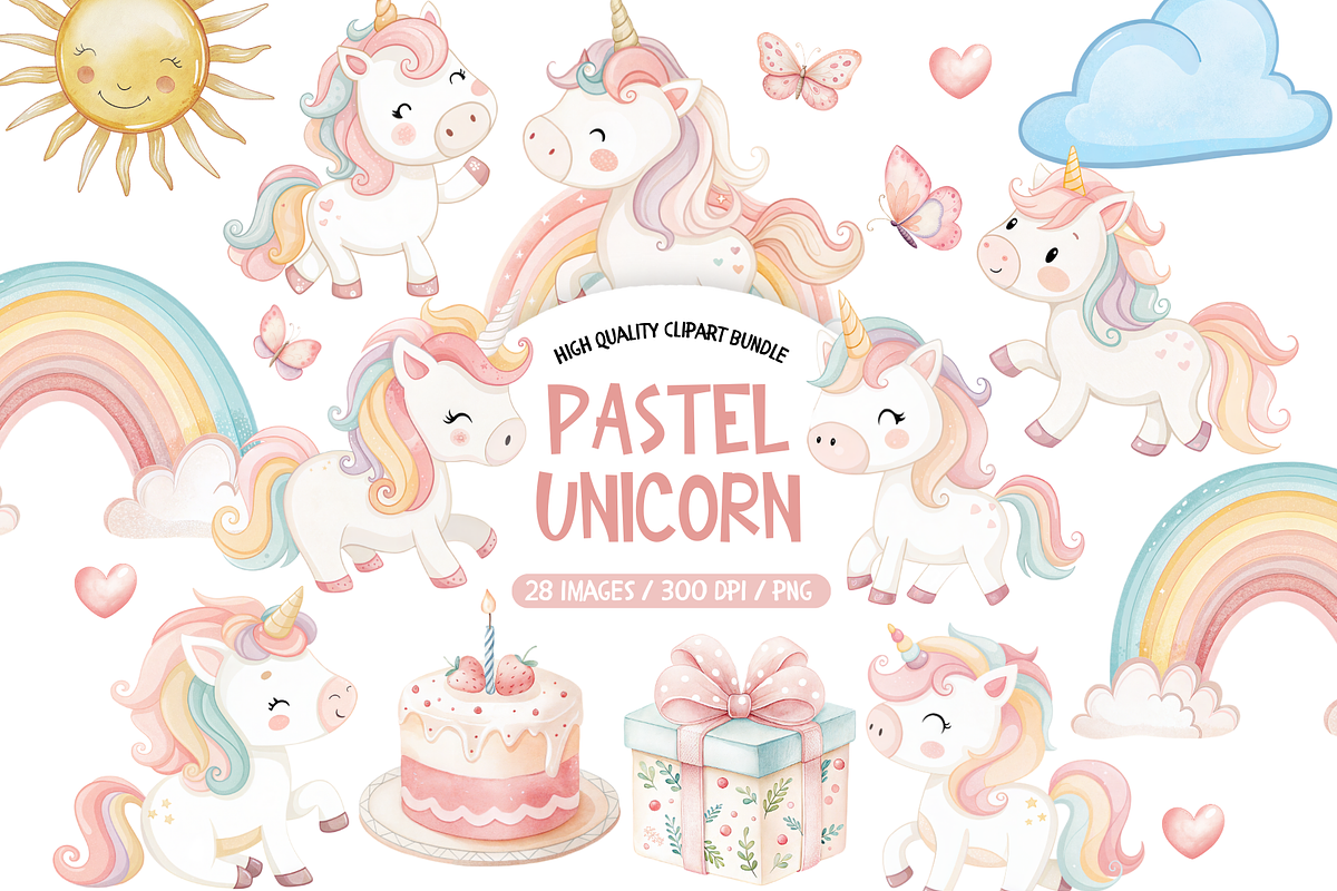 Pastel Watercolor Unicorn Clipart, an Illustration by TatiMockup (Photo 1 of 5)