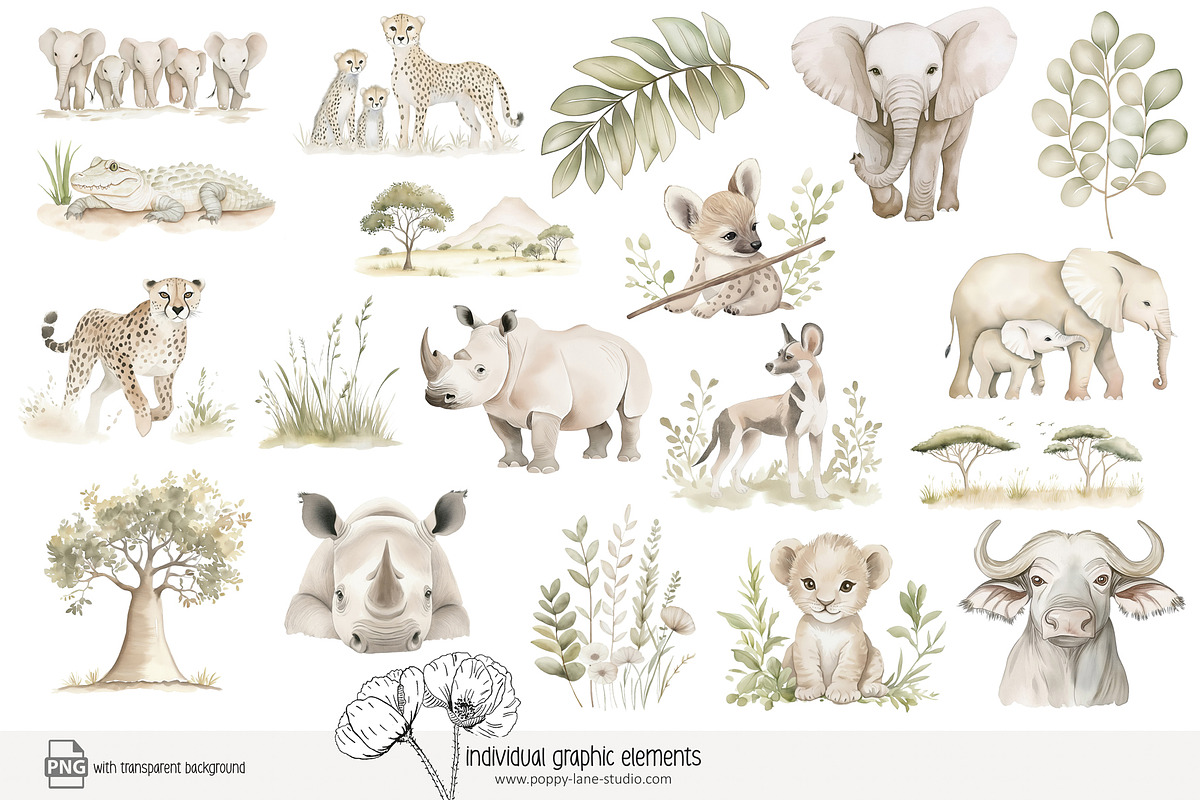 100 African savanna animals clip art, an Animal Illustration by Poppy Lane Studio (Photo 3 of 12)