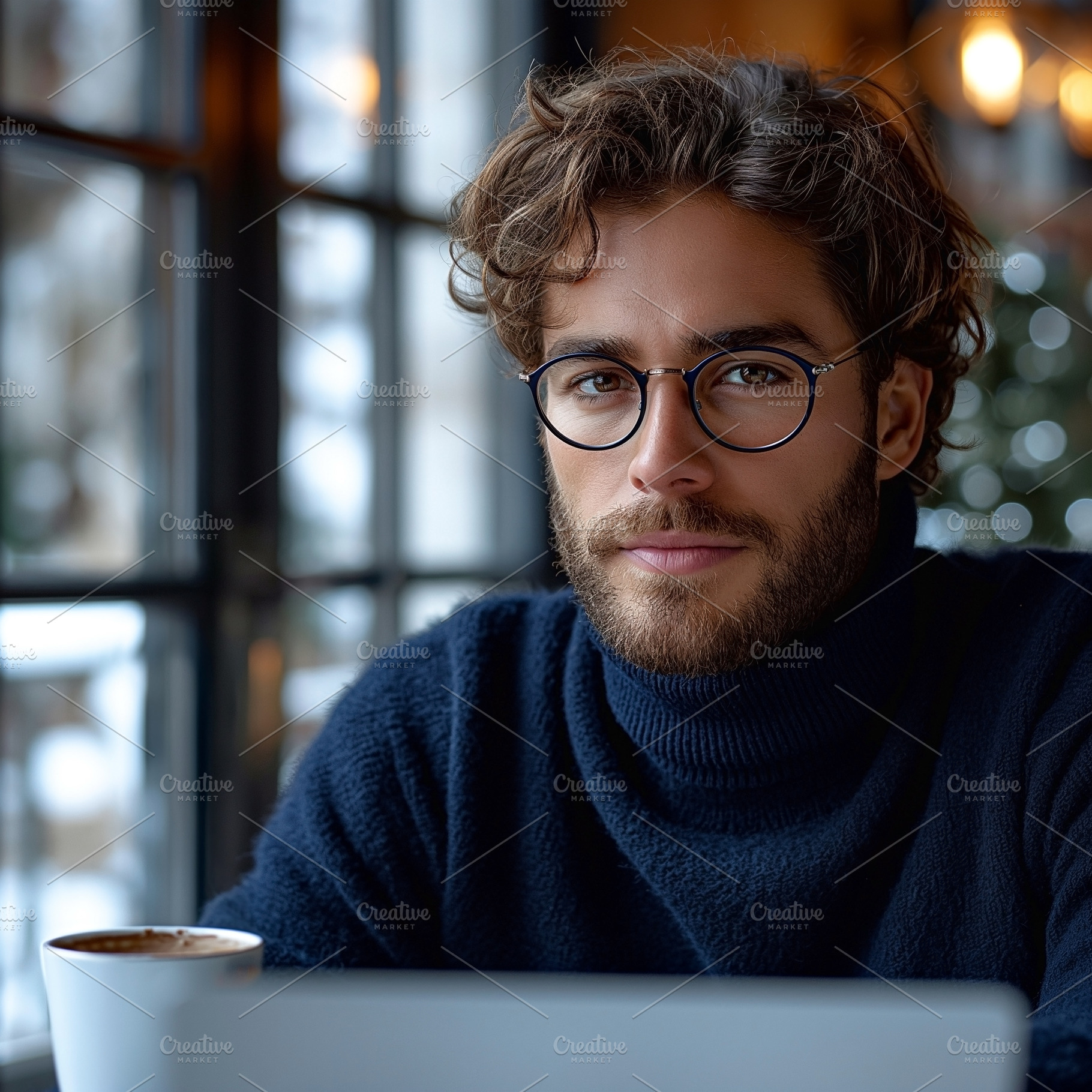 Caucasian male with glasses in a cozy coffee shop, enjoying a warm drink while, a Person Photo by ImageMir
