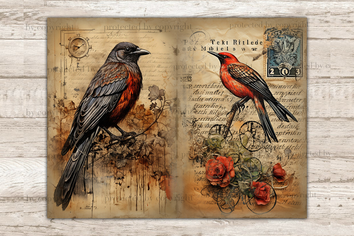 Vintage Birds Junk Journal Pages, an Animal Illustration by GlamArtZhanna (Photo 6 of 9)