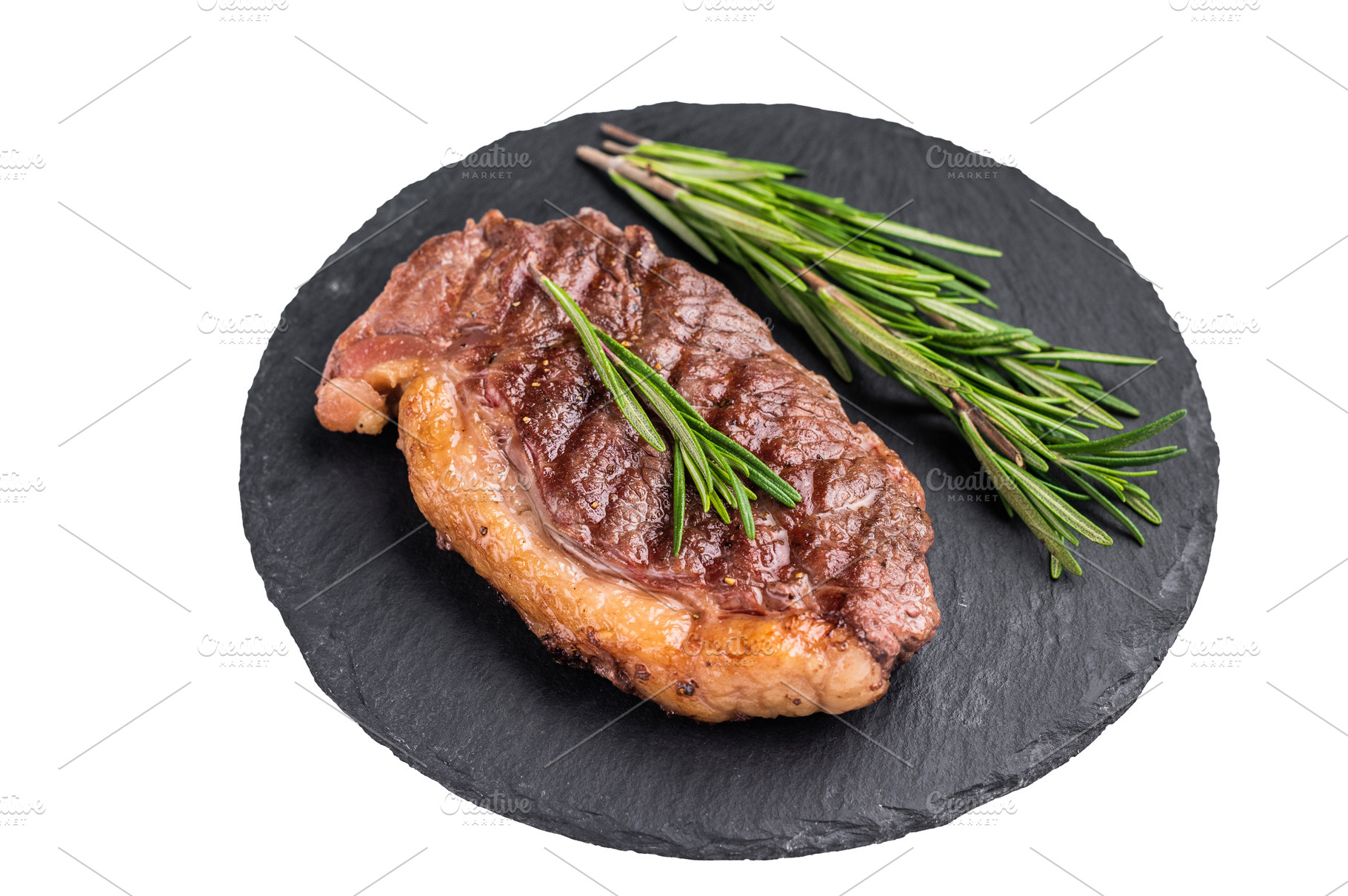 Close up of a flavorful grilled striploin or strip steak, garnis, a Food & Drink Photo by composter-box@mail.ru