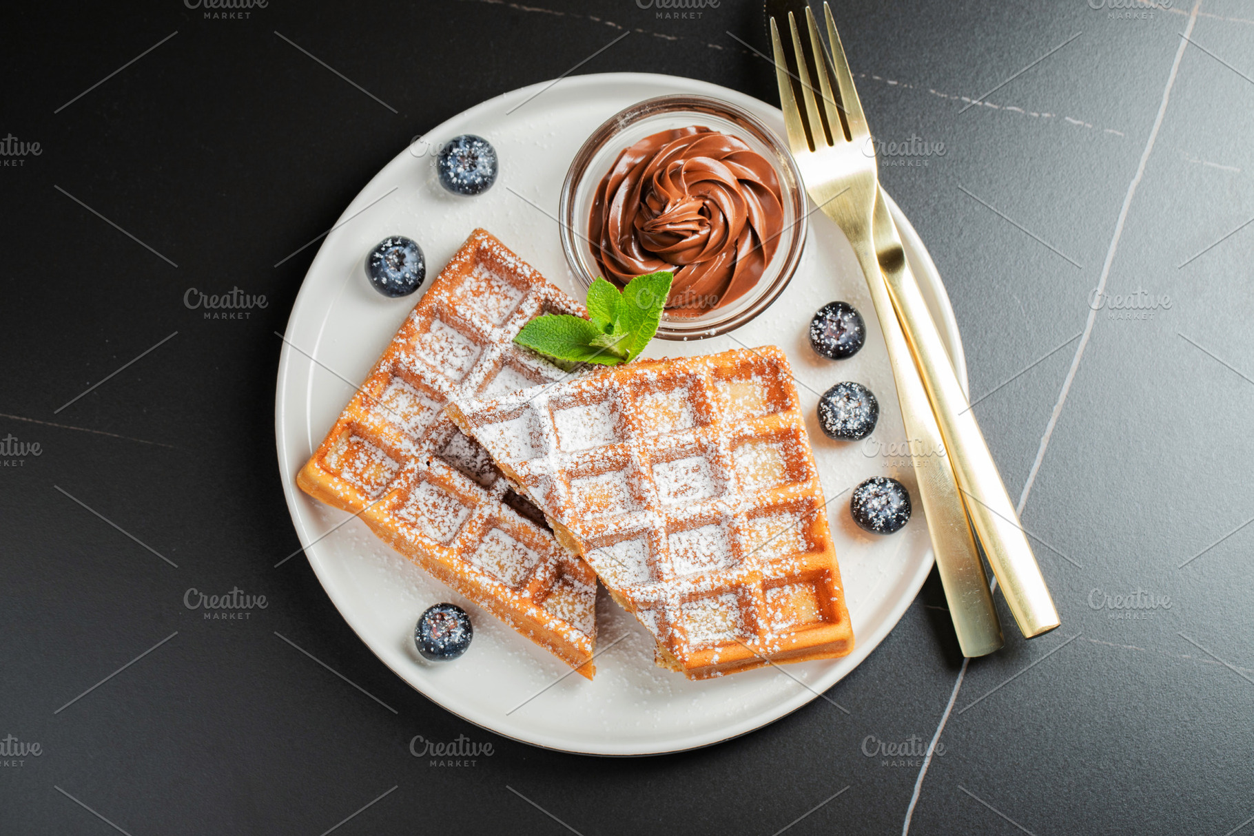Belgium waffles Homemade waffles with strawberries, a Food & Drink Photo by Budarinphoto