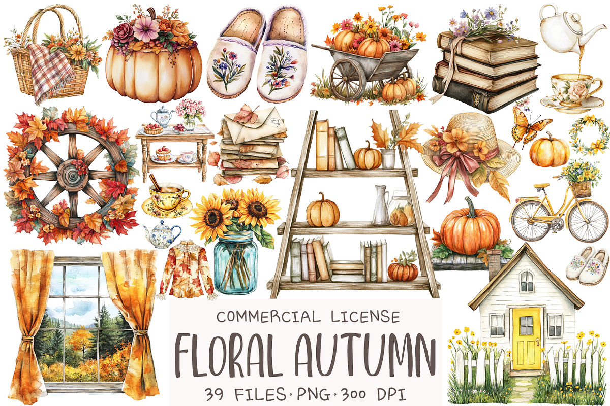 Watercolor Floral Autumn Clipart, an Illustration by OK Design (Photo 1 of 5)