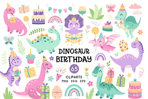 Dinosaur Birthday Girl Clipart, an Animal Illustration by JulzaArt