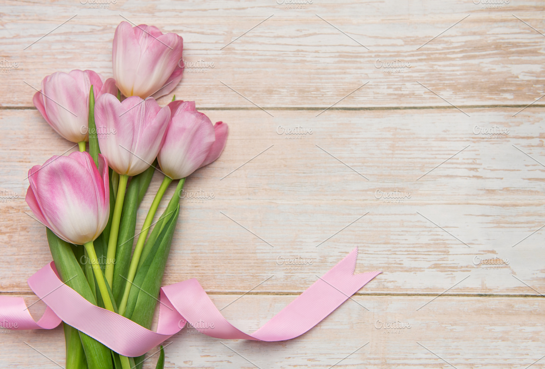 Pink tulips tied with pink ribbon lying on white wooden backgrou, a Holiday Photo by Olena Rudo