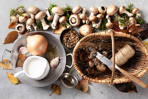 Autumn Cooking Ingredients with Mushrooms, Basket, and Spices, a Food & Drink Photo by Natalia Klenova's Shop