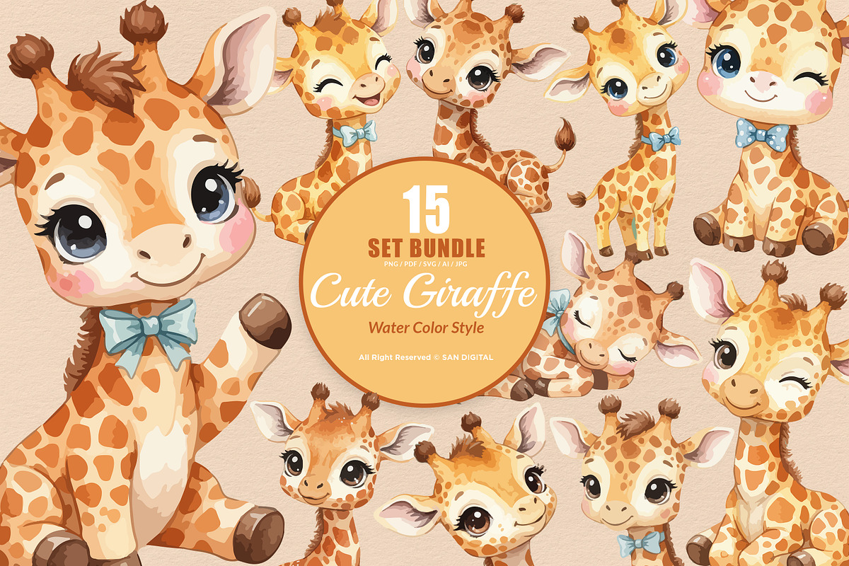 15 Bundle Watercolor Cute Giraffe, an Animal Illustration by Morspective (Photo 1 of 8)