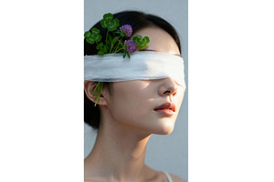 Woman blindfolded with clover and, a Beauty & Fashion Photo by tilialucida
