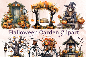 Watercolor Halloween Garden Clipart