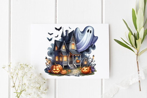 Watercolor Halloween Ghost House PNG