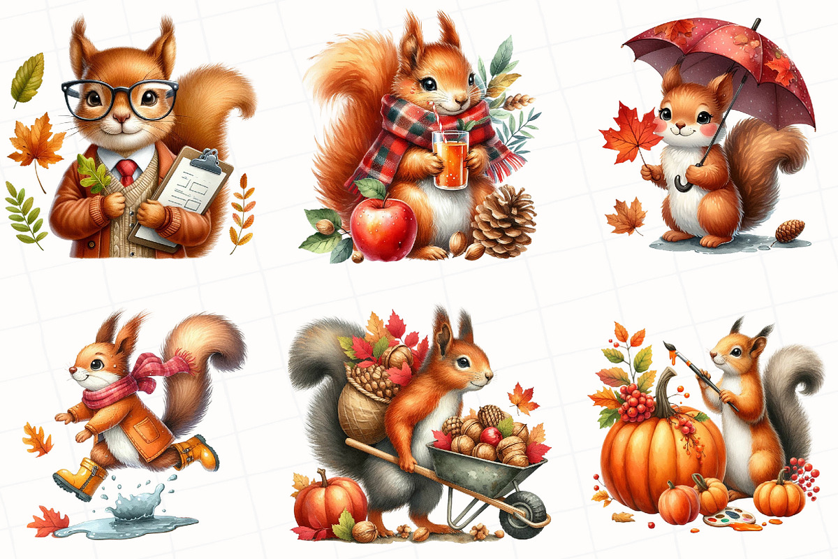 Watercolor Autumn Squirrels Clipart, an Illustration by OK Design (Photo 2 of 5)