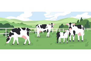 Milk cows grazing on grass pasture, an Animal Illustration by Good Studio
