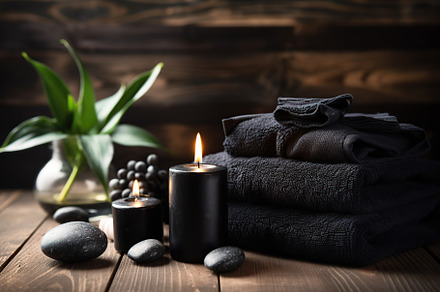Spa stones with towels and candles on wooden background, a Beauty & Fashion Photo by AlyaAnd