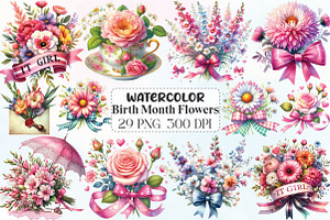 Coquette Birth Month Flowers Clipart, an Illustration by CraftArtStudio