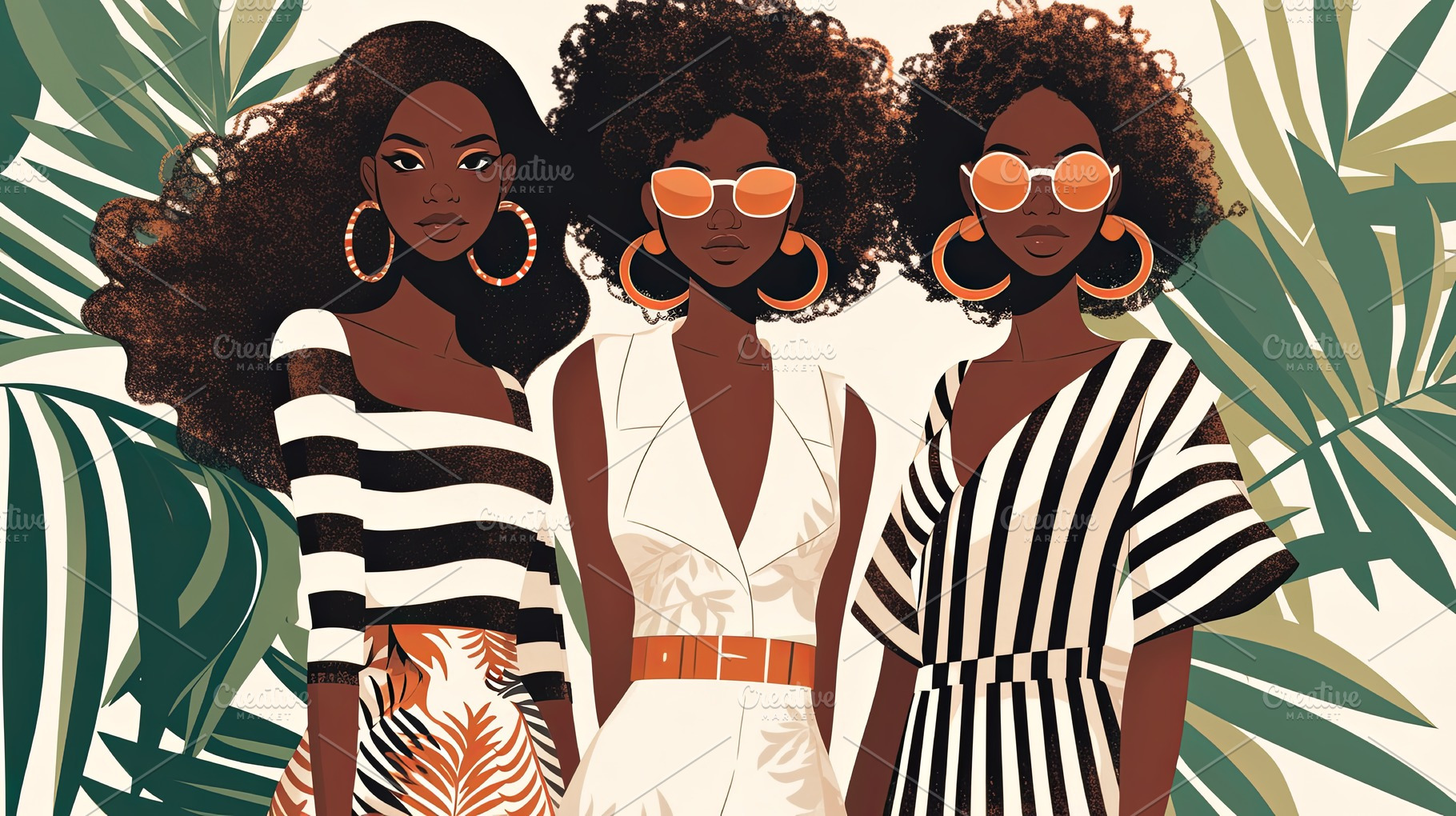 Three fashionable women posing in tropical-inspired outfits with bold patterns, a Photo by AS photostudio