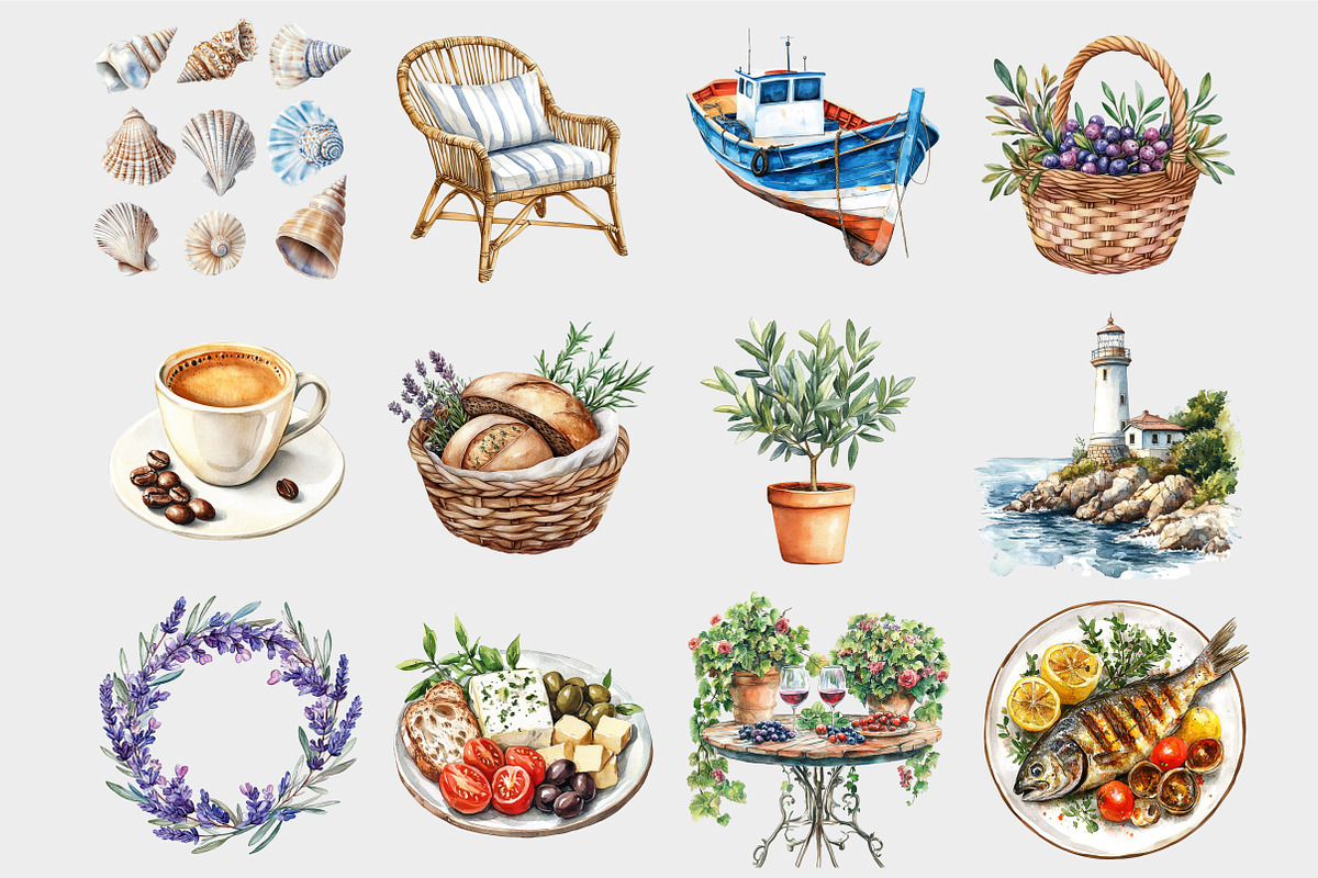 Watercolor Mediterranean Clipart, a Seasonal Illustration by Design Market (Photo 4 of 5)